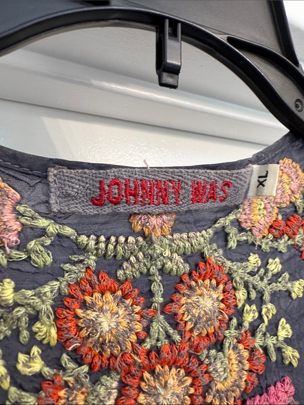 Johnny Was Silky Gray Embroidered Floral Blouse with Multicolor Stitching - Picture 2 of 3